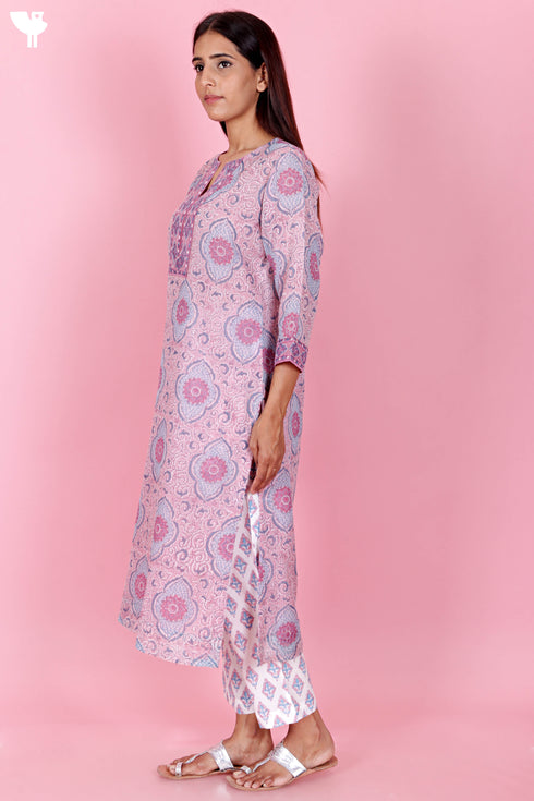 Kota Doria Kurta Pant Set With Dupatta In Block Print