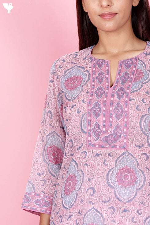 Kota Doria Kurta Pant Set With Dupatta In Block Print