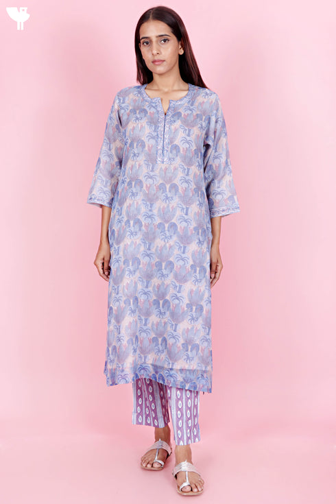 Kota Doria Kurta Pant Set With Dupatta In Block Print