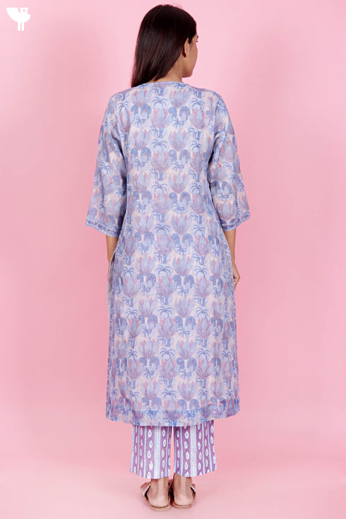 Kota Doria Kurta Pant Set With Dupatta In Block Print