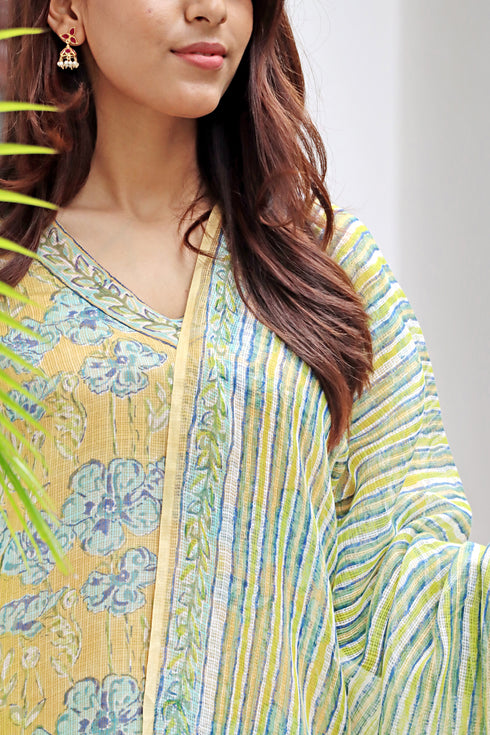 Kota Doria Kurta Pant Set With Dupatta In Block Print
