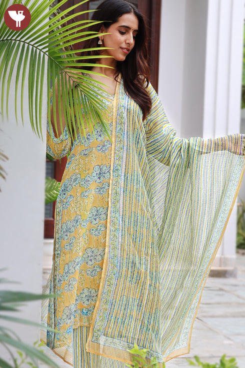 Kota Doria Kurta Pant Set With Dupatta In Block Print