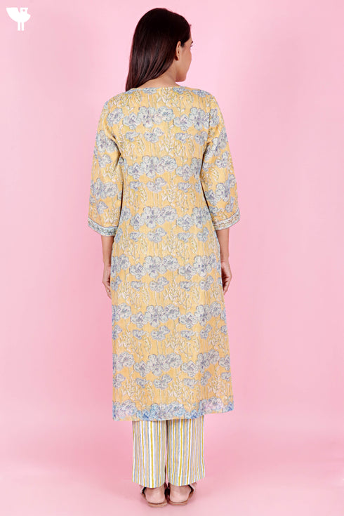 Kota Doria Kurta Pant Set With Dupatta In Block Print