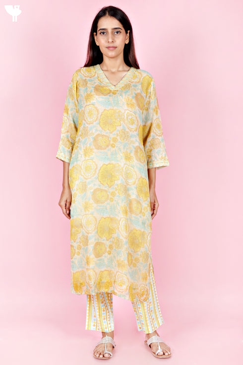 Kota Doria Kurta Pant Set With Dupatta In Block Print