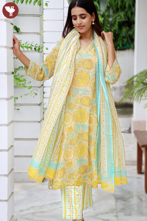 Kota Doria Kurta Pant Set With Dupatta In Block Print