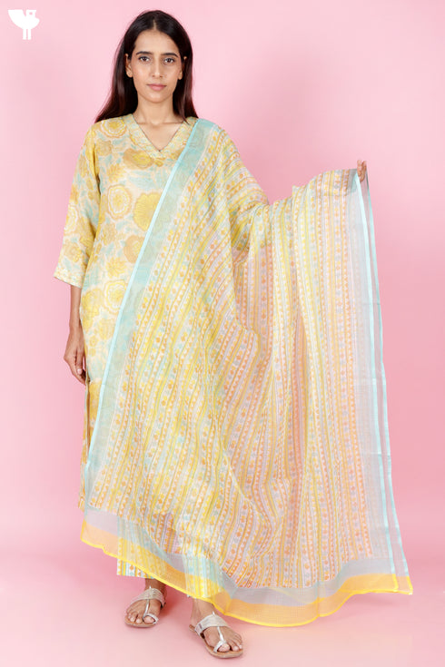 Kota Doria Kurta Pant Set With Dupatta In Block Print