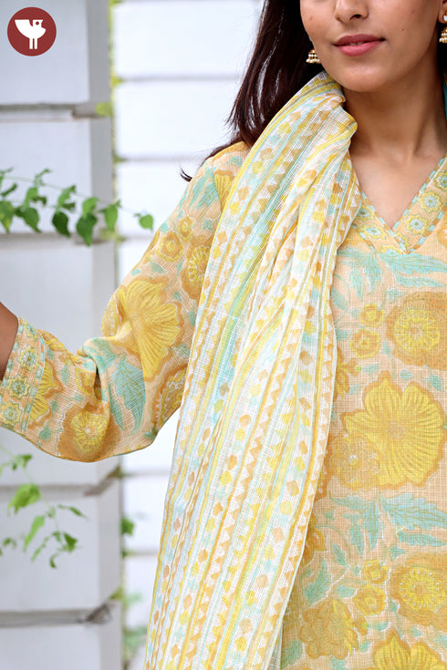 Kota Doria Kurta Pant Set With Dupatta In Block Print