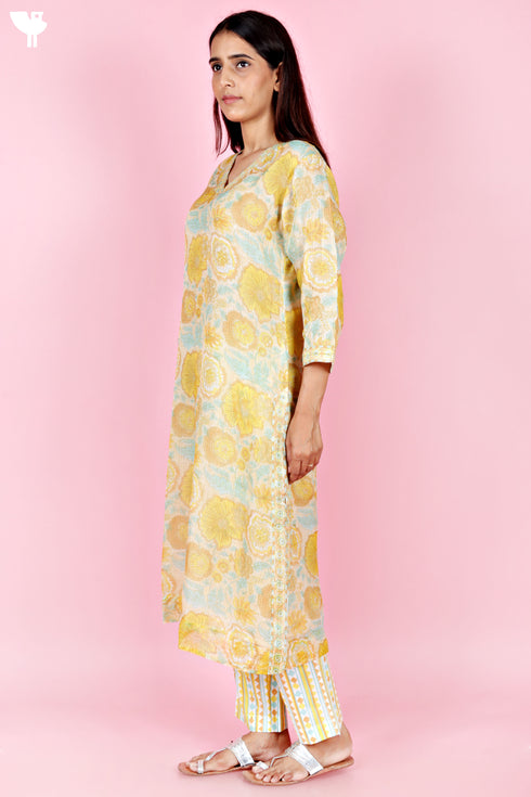Kota Doria Kurta Pant Set With Dupatta In Block Print