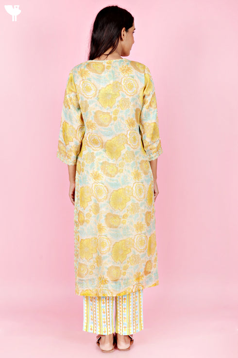 Kota Doria Kurta Pant Set With Dupatta In Block Print