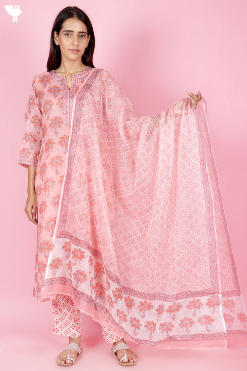 Kota Doria Kurta Pant Set With Dupatta In Block Print