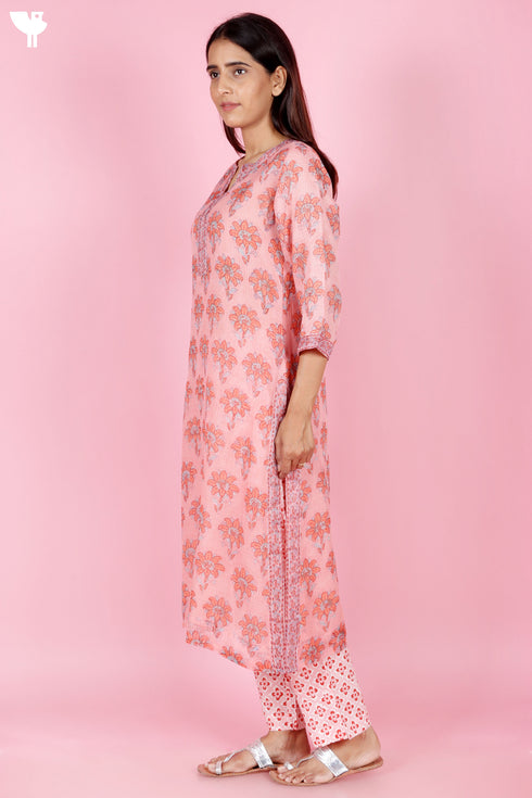 Kota Doria Kurta Pant Set With Dupatta In Block Print