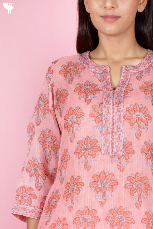 Kota Doria Kurta Pant Set With Dupatta In Block Print