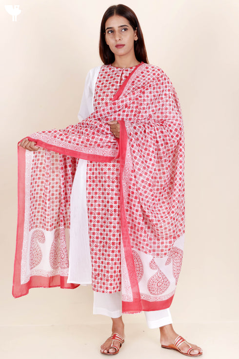 Cotton Kurta And Pant Set With Dupatta In Block Print