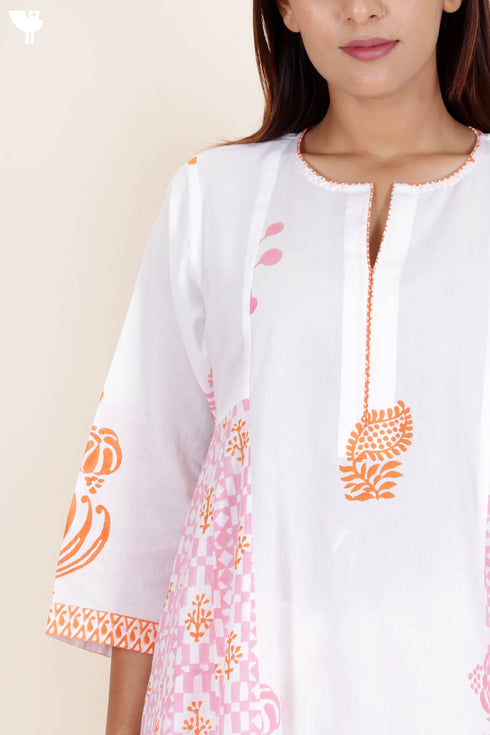 Cotton Kurta And Pant Set With Dupatta In Block Print