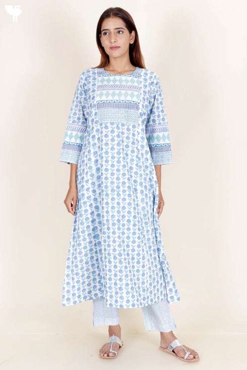 Cotton Kurta And Pant Set With Dupatta In Block Print
