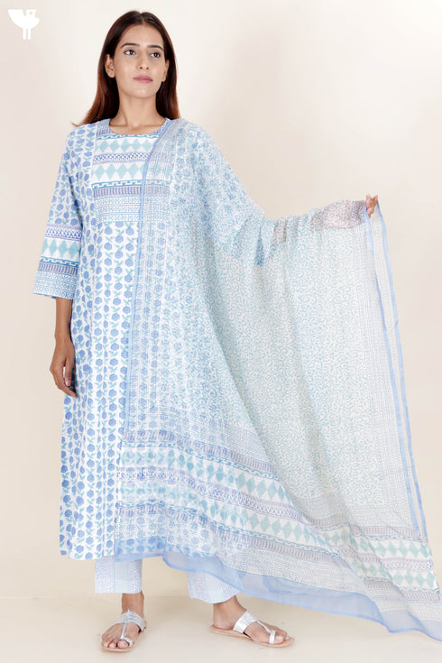 Cotton Kurta Pant Set With Dupatta In Block Print
