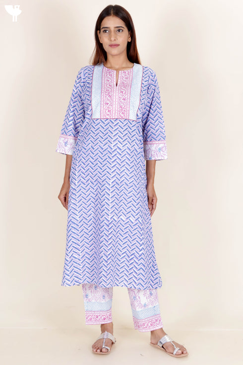 Cotton Kurta Pant With Dupatta Set In Block Print