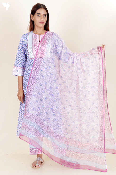 Cotton Kurta Pant With Dupatta Set In Block Print