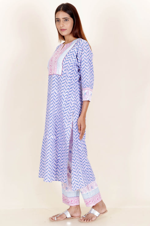 Cotton Kurta And Pant Set With Dupatta In Block Print