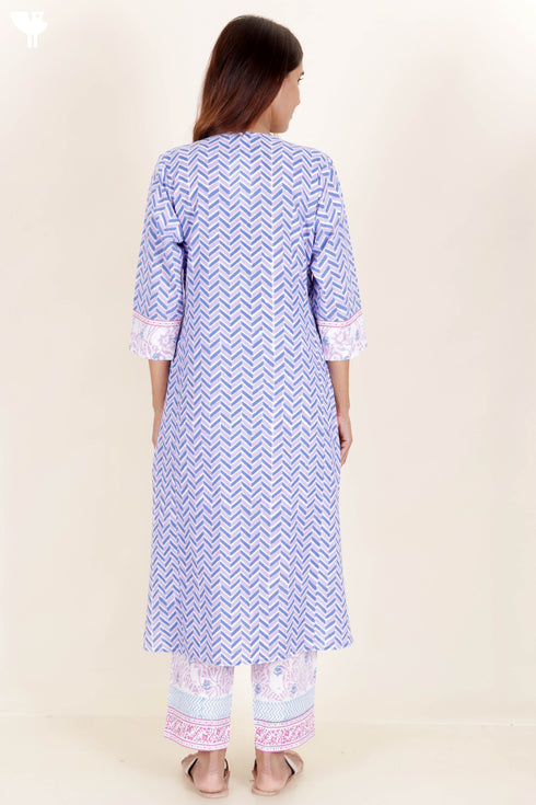 Cotton Kurta And Pant Set With Dupatta In Block Print