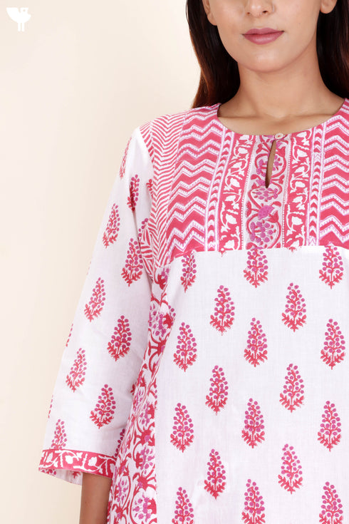 Cotton Kurta And Pant Set With Dupatta In Block Print