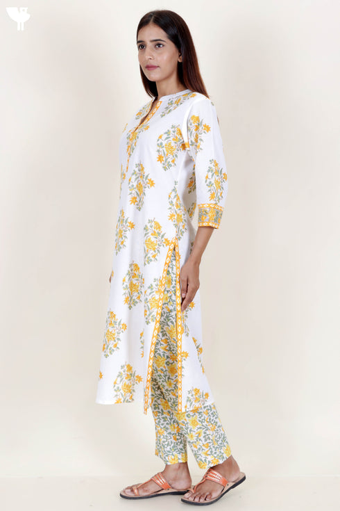 Cotton Kurta And Pant Set With Dupatta In Block Print