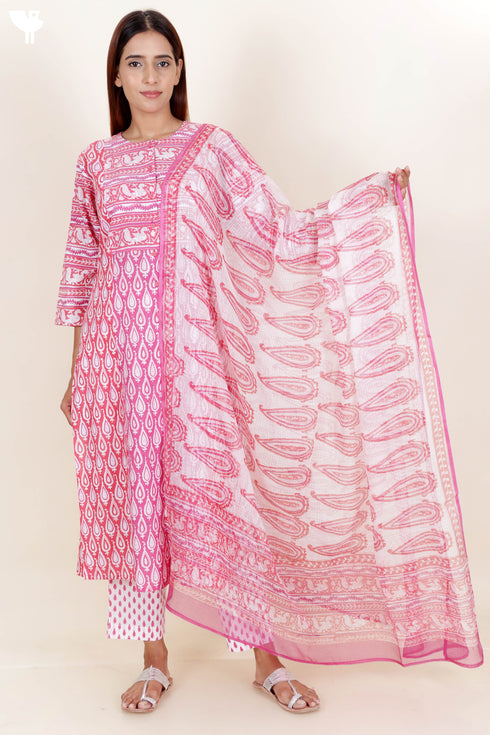 Cotton Kurta And Pant Set With Dupatta In Block Print