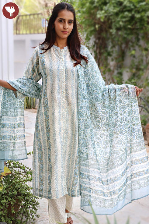 Chanderi Silk Kurta Pant And Dupatta Set In Block Print