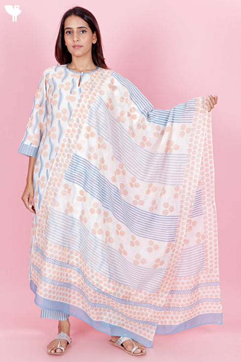 Chanderi Silk Kurta Pant And Dupatta Set In Block Print
