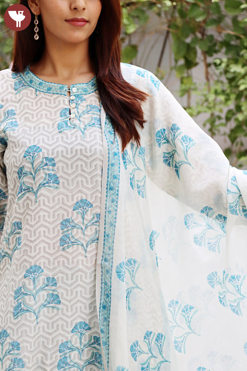 Chanderi Silk Kurta Pant And Dupatta Set In Block Print