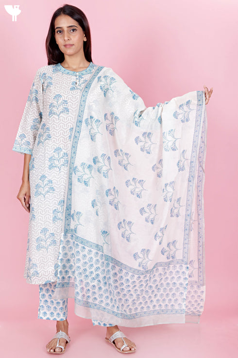 Chanderi Silk Kurta Pant And Dupatta Set In Block Print