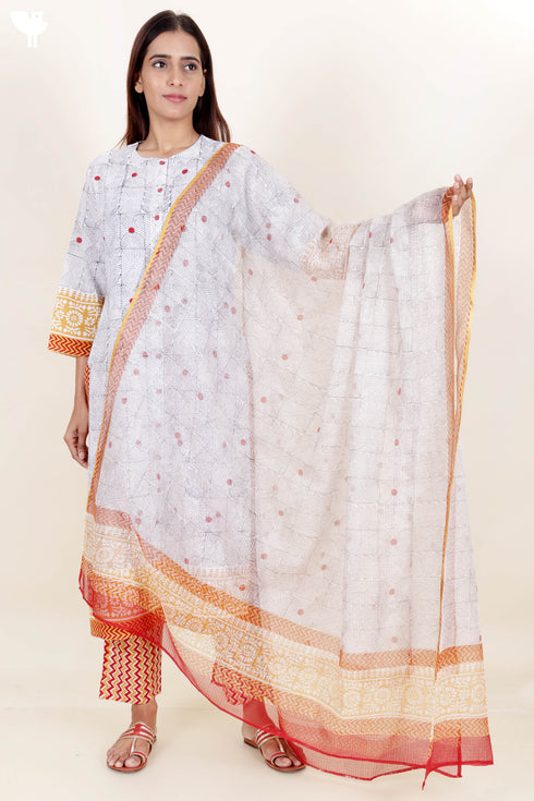 Cotton Kurta Pant And Dupatta Set In Block Print