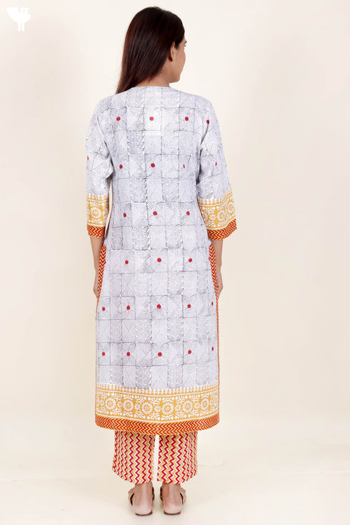 Cotton Kurta Pant And Dupatta Set In Block Print