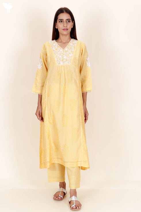 Chanderi Silk Kurta Pant And Dupatta Set In Block Print