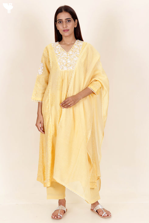 Chanderi Silk Kurta Pant And Dupatta Set In Block Print