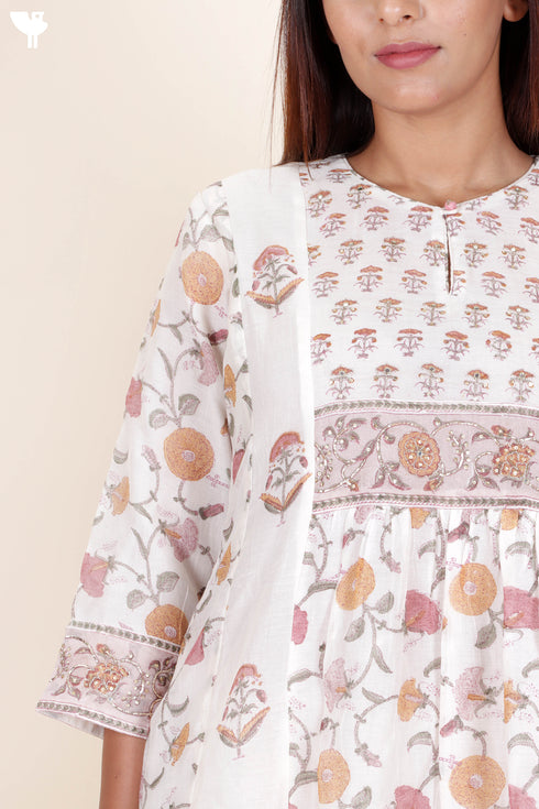 Chanderi Silk Kurta Pant And Dupatta Set In Block Print