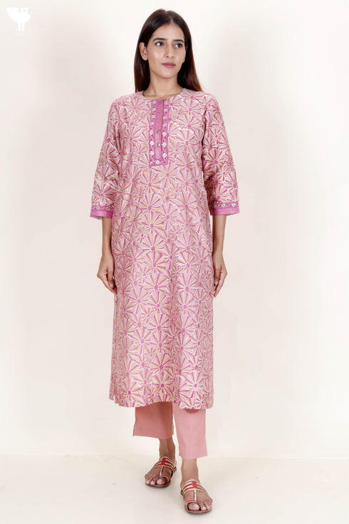 Chanderi Silk Kurta Pant And Dupatta Set In Block Print