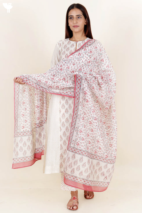Chanderi Silk Kurta Pant And Dupatta Set In Block Print