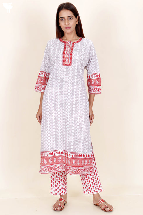 Cotton Kurta And Pant Set With Dupatta In Block Print