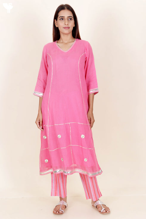 Kota Doria Kurta Pant And Dupatta Set With Gota Patti