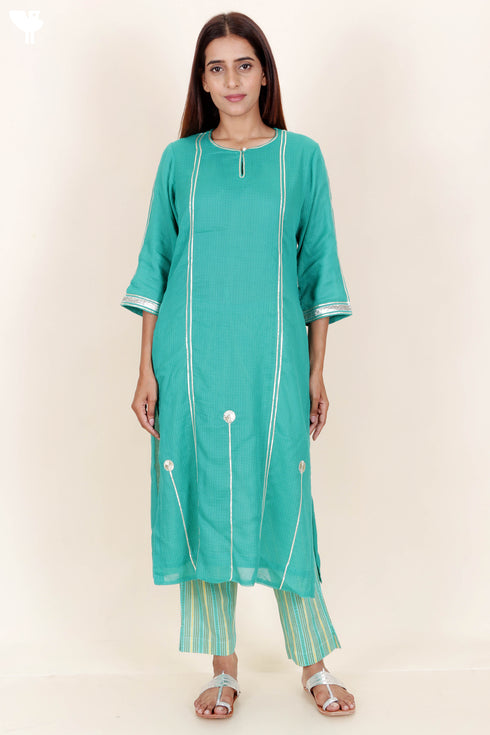Kota Doria Kurta Pant And Dupatta Set With Gota Patti