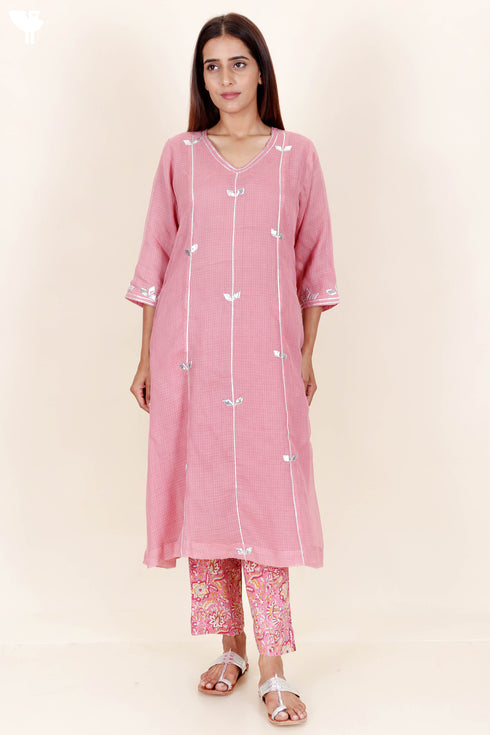 Kota Doria Kurta Pant And Dupatta Set With Gota Patti