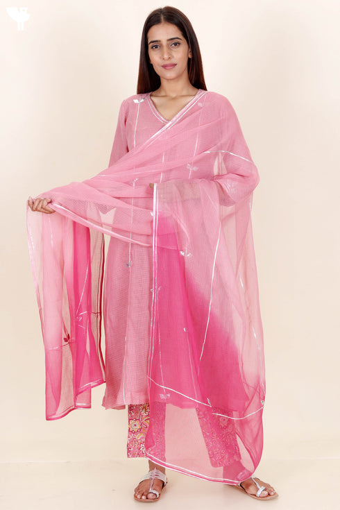 Kota Doria Kurta Pant And Dupatta Set With Gota Patti