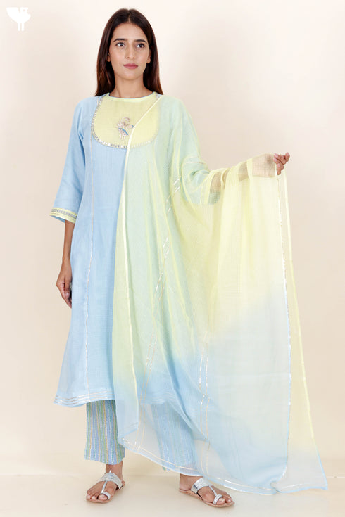 Kota Doria Kurta Pant And Dupatta Set With Gota Patti