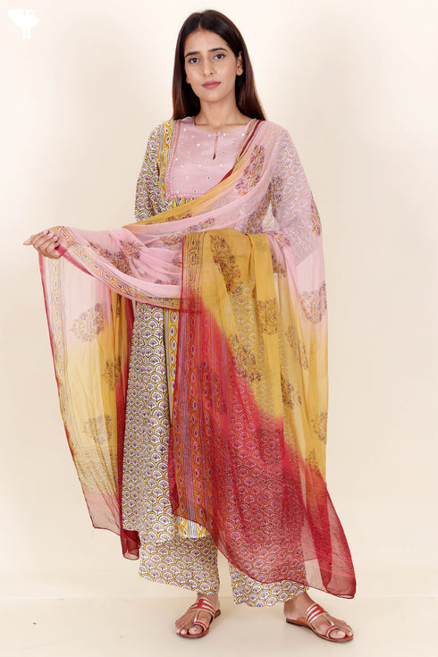 Modal Kurta Pant Set With Chiffon Dupatta In Block Print