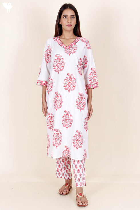 Cambric Cotton Kurta And Pant Set With Block Print