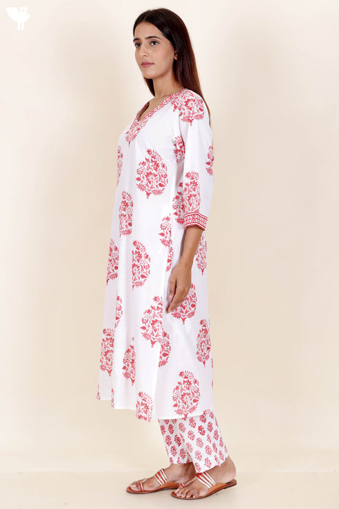 Cambric Cotton Kurta And Pant Set With Block Print