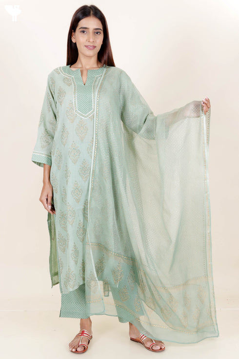 Kota Doria Kurta- Dupatta And Pant Set