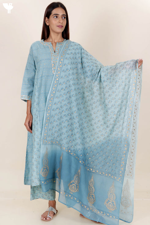 Chanderi Silk Kurta Pant And Dupatta Set In Block Print