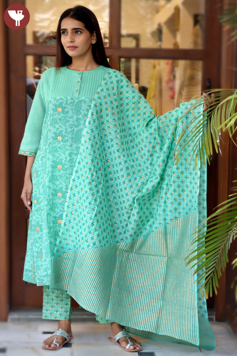 Chanderi Silk Kurta Pant And Dupatta Set In Block Print